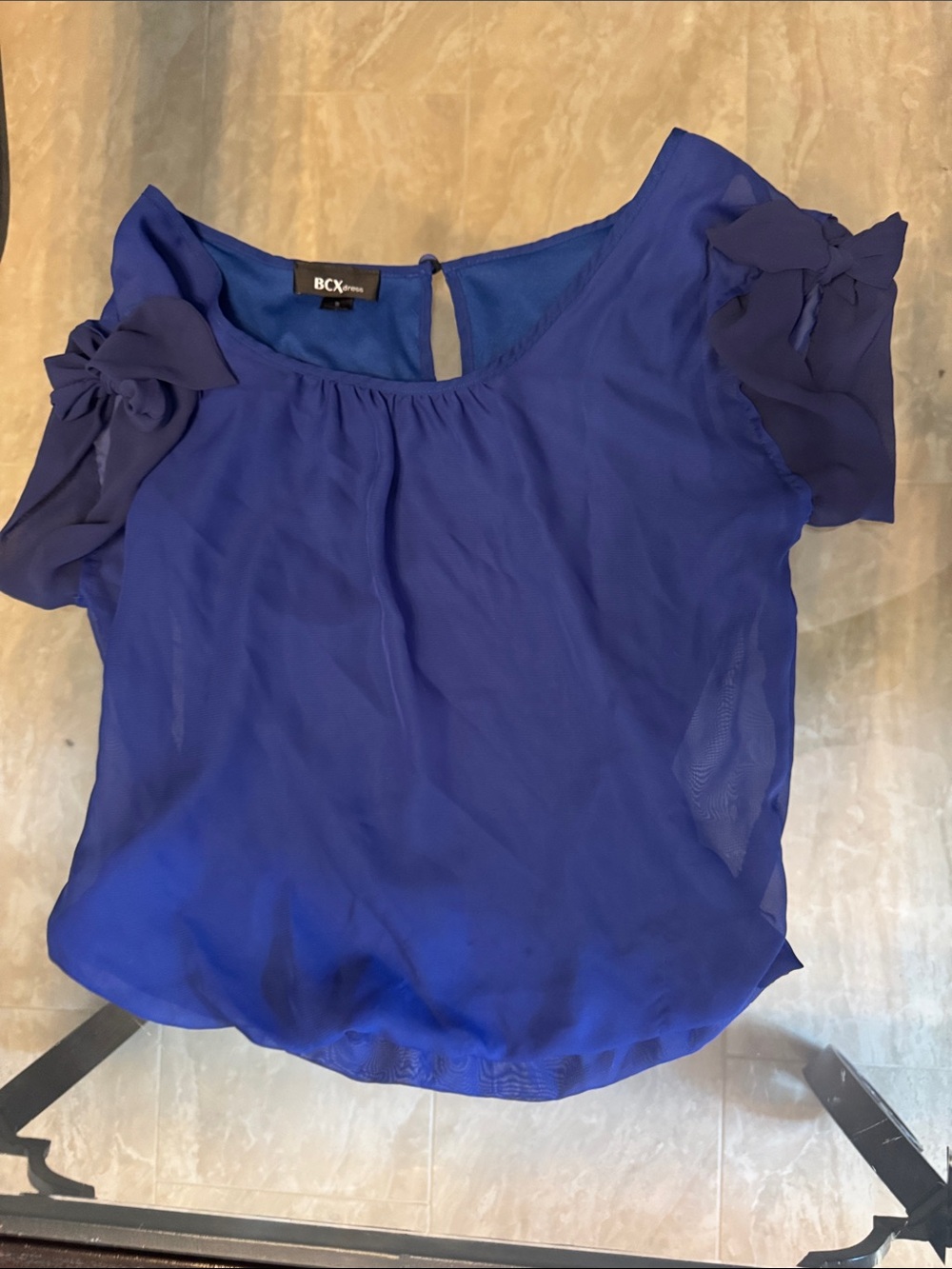 BCX Cobalt Blue Chiffon Short Sleeve Blouse with Sleeve Bows